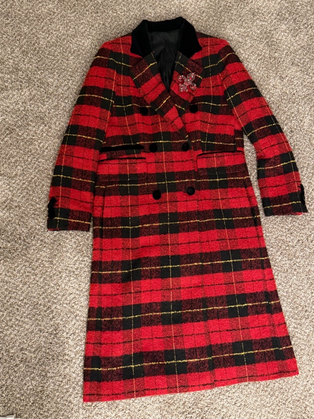 The Kooples Double-Breasted Red Plaid Long Coat for Women